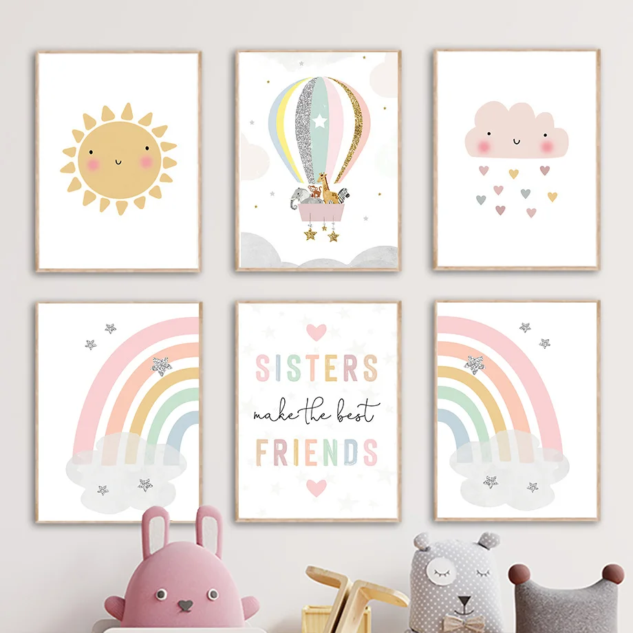 Baby Nursery Decor Girl - キリン象熱気球太陽虹保育園北欧ポスターやプリント壁アートキャンバス絵画画像ベビーキッズルーム装飾