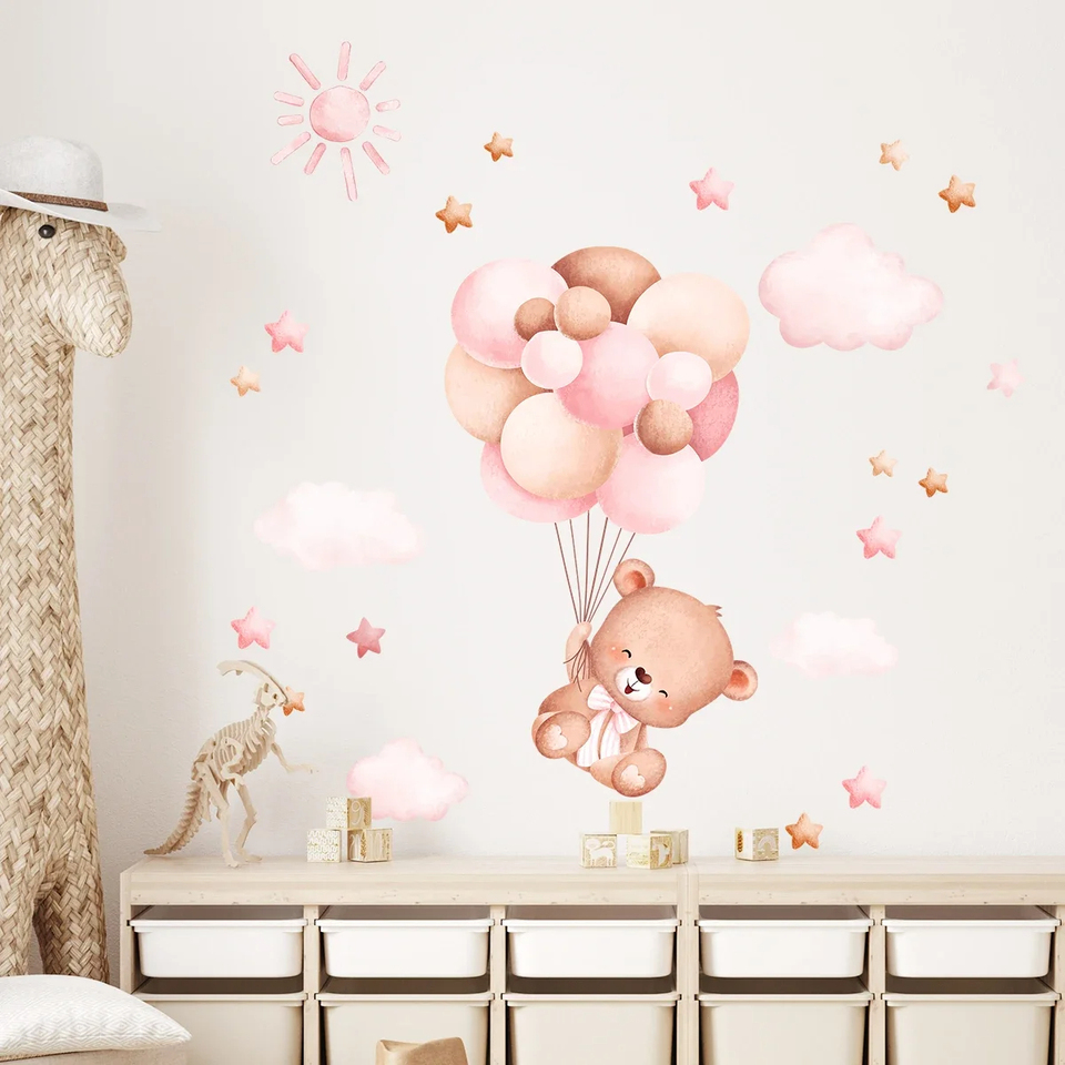 Baby Girl Nursery Quotes - 水彩画風の漫画風バルーンベアの壁ステッカー。子供部屋、ベビーベッドルーム、女の子の寝室、リビングの装飾に。