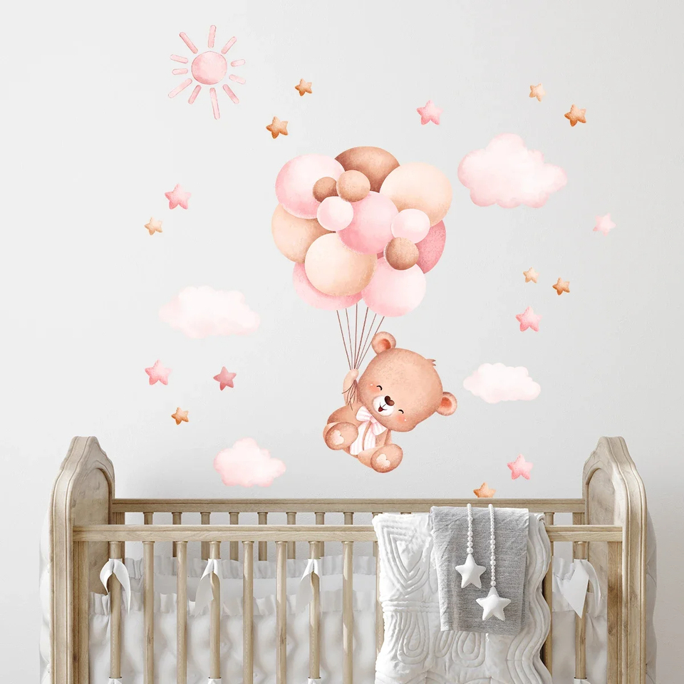 水彩画風の漫画風バルーンベアの壁ステッカー。子供部屋、ベビー - Baby Girl Nursery Quotes のレビューと価格